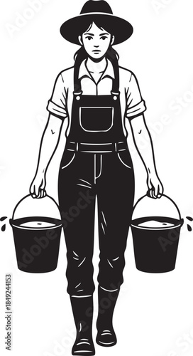 Female Farmer Carrying Two Heavy Buckets Manual Labor Silhouettes isolated on white background