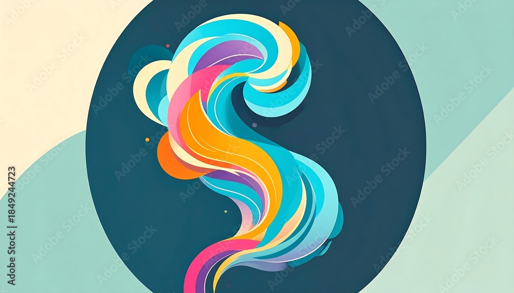 Obraz premium Abstract swirling shape composed of layered vibrant colours set on a dark blue circular background