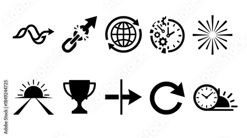 A collection of ten black and white icons representing concepts like progress, global connection, time, achievement, and new beginnings.