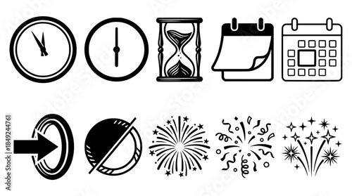 A collection of black and white vector icons depicting time, calendars, hourglass, entry symbols, and various fireworks for events and celebrations.