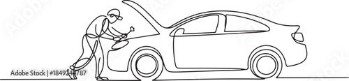 One continuous line drawing of a mechanic is repairing the car. one line Art icon drawing