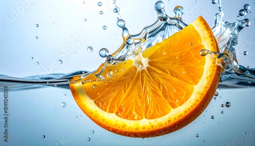 A closeup of a vibrant orange slice dropping into clear water creating a dynamic splash with frozen droplets