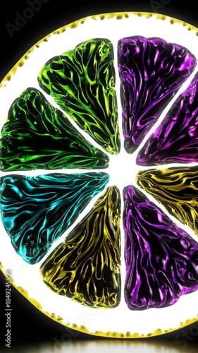 Colorful illuminated lemon slice with vibrant textures and contrasting dark background ideal for digital art