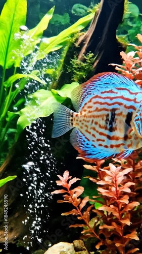 Colorful discus fish swimming amidst aquatic plants in aquarium habitat background