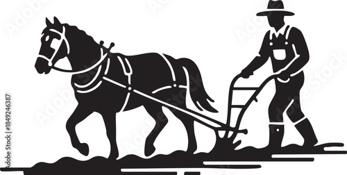 Traditional Farmer Guiding Horse Drawn Plow Tilling Soil Silhouettes isolated on white background