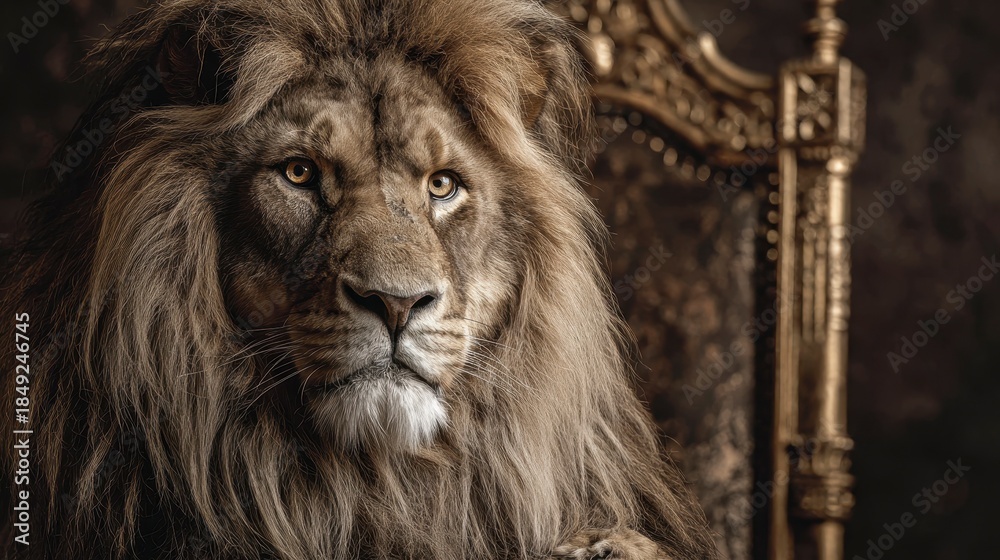 Fototapeta premium A regal lion with a majestic mane rests, gazing intently, positioned on a detailed, ornate throne, evoking power and grandeur