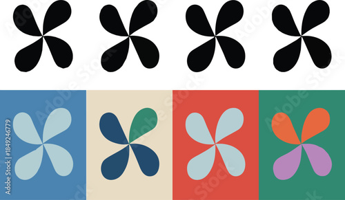 Four black petal shapes on white background above four colorful petal shapes abstract pattern