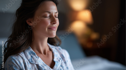 Faceless calm pregnant woman meditating in bedroom heavily defocused home background anonymous expectant mother with mindfulness practice prenatal relaxation activity maternal
