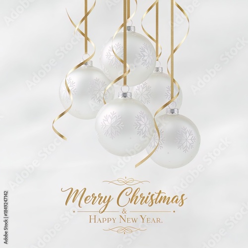 Elegant white Christmas decorations, a pure white background. Delicate gold ribbons adorn the decorations and intricate snowflake patterns. “Merry Christmas & Happy New Year” inscription. 