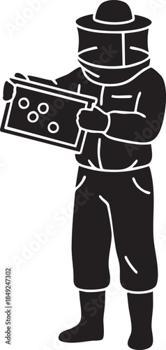Beekeeper in Protective Suit Holding Honeycomb Frame Silhouettes isolated on white background