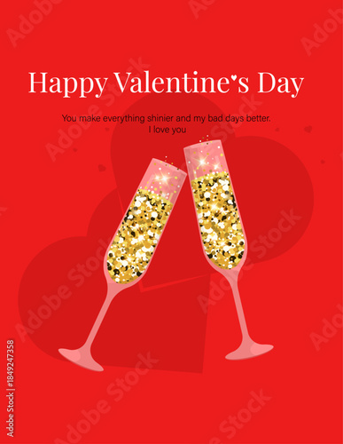 Two glasses of sparkling champagne on a red background. Glasses, Heart Shapes for Celebration, Love, Valentine's Day, 14 february. Vector illustration greeting card