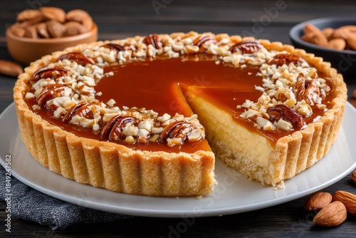 Wallpaper Mural Caramel pecan cheesecake tart with a slice cut Torontodigital.ca