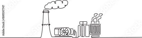 One continuous line drawing of chimney, gas turbine generator and heat recovery steam generator in the power plant industry in simple linear vector illustration. one line Art icon drawing