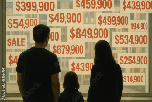 A family in front of a window with high property prices.