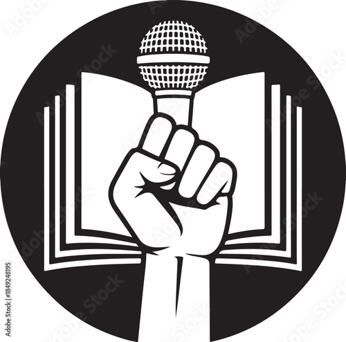 Fist holding microphone and open book icon