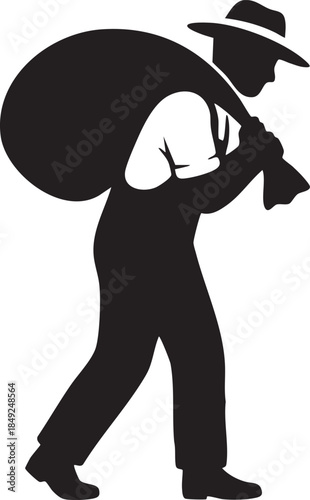 Farmer Carrying Heavy Sack Harvest Manual Labor Silhouettes isolated on white background