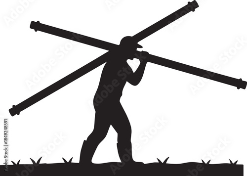 Farmer Carrying Heavy Irrigation Pipes Balanced on Shoulder Silhouettes isolated on white background