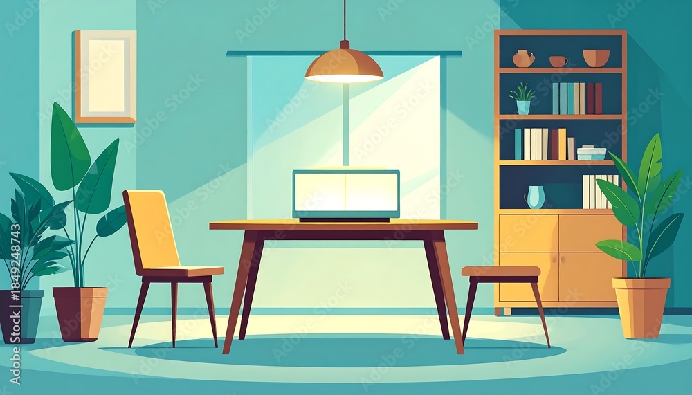 Fototapeta premium Bright illustration with desk, chair, laptop, houseplants, and shelves in blue and yellow toned sunlit room