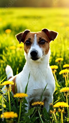 Dog outdoors in field with wildflowers sunlight creating bright colors and textures portrait