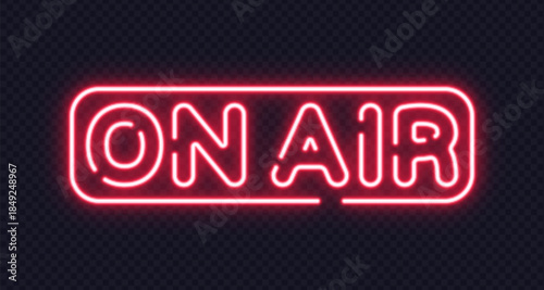Red neon on air text inside capsule-shaped frame. Classic sign for live broadcasting, podcasts or studios.