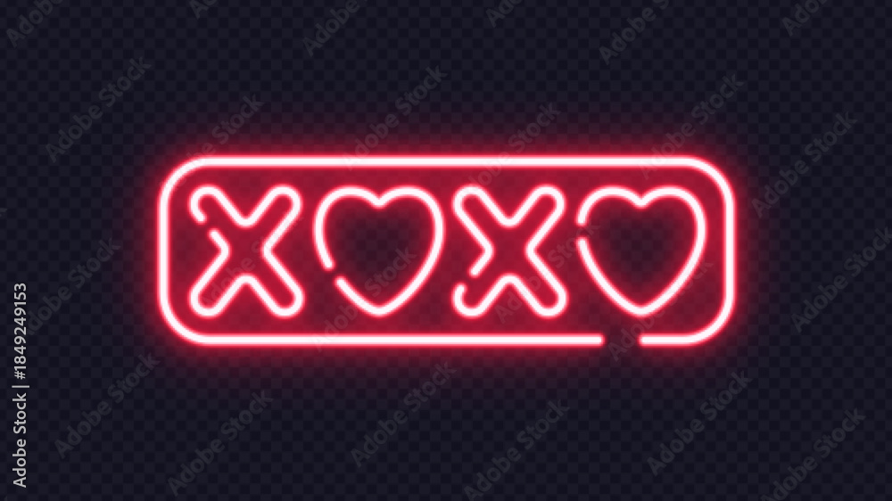 Naklejka premium Bright red neon XOXO with hearts inside a glowing frame, symbolizing hugs and affection.