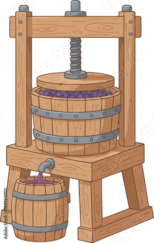 Traditional wooden grape press extracting purple juice into a barrel.