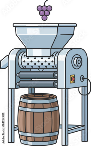 Grape destemmer crusher machine with wooden barrel and purple grapes illustration.
