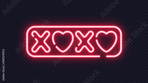 Bright red neon XOXO with hearts inside a glowing frame, symbolizing hugs and affection.