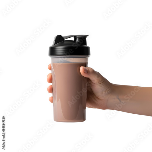 Hand Holding Protein Shaker Bottle with Chocolate Drink