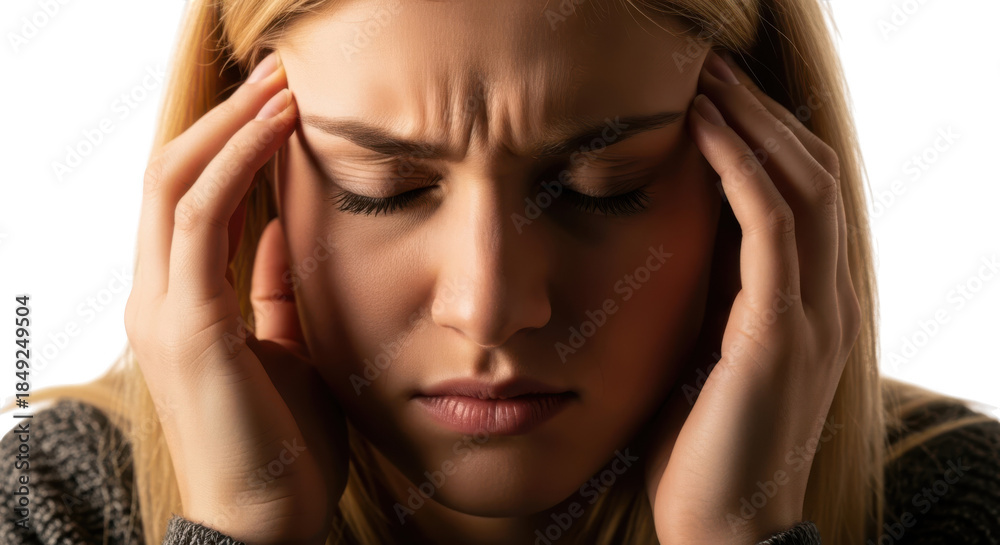 Fototapeta premium Woman experiencing headache or migraine isolated on transparent background