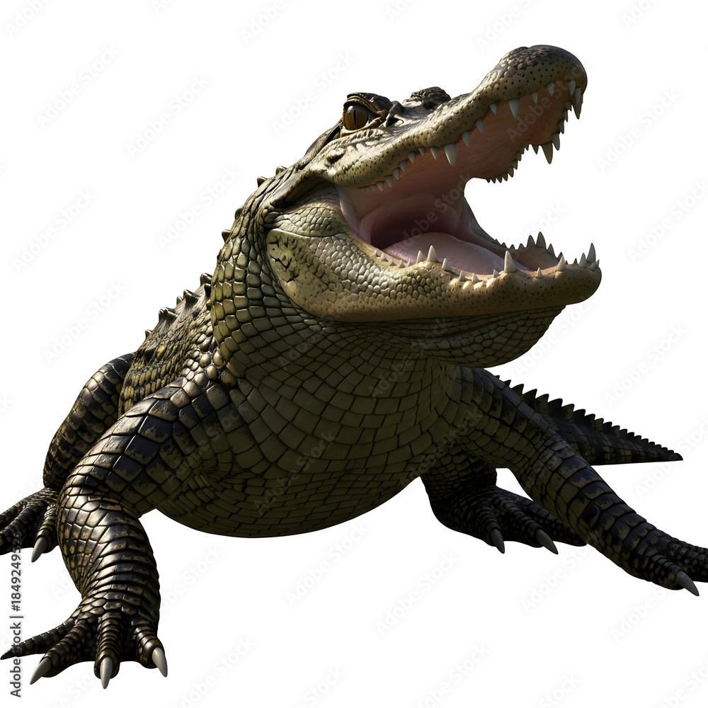Fototapeta premium Fierce crocodile with open mouth showing sharp teeth on black background