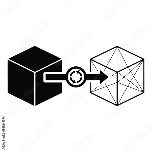 Cube transforms into wireframe isolated on white background, Vector