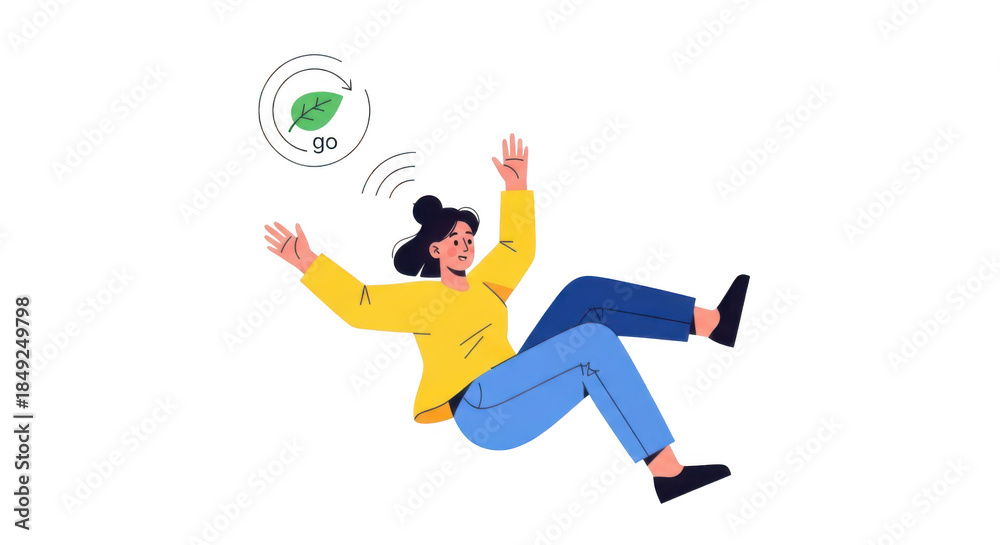 Fototapeta premium Person falling with green abstract shape isolated on transparent background