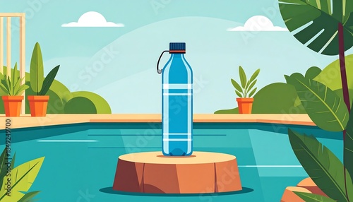 Blue bottle on platform with pool, greenery, bright sunny day, stylized vector illustration and bright colors