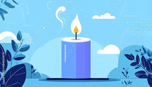 Blue candle flame vector with leaves, clouds, and lines in a clean, cartoon style