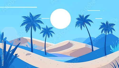 Blue cartoon desert landscape with sand dunes, palm trees, & bright sun, exuding a peaceful and serene atmosphere
