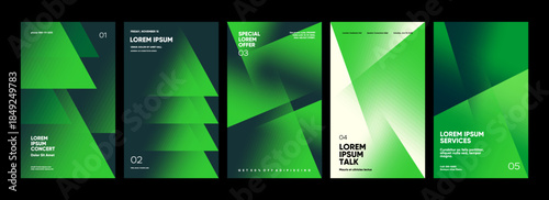 A set of five modern, abstract posters featuring green geometric shapes on a dark background. Each design includes placeholder text and offers a sleek, professional look suitable for events