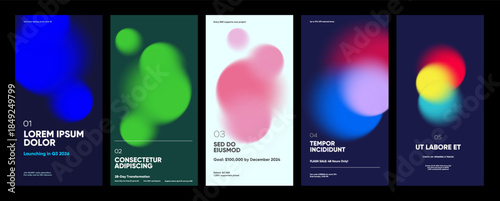 A series of five modern, abstract posters featuring vibrant, blurred shapes in various colors. Each design includes text elements with promotional messages, event details