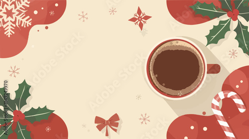 Vector illustration template featuring a festive Christmas scene with a warm cup of hot chocolate, designed in a flat design style, incorporating bold lines