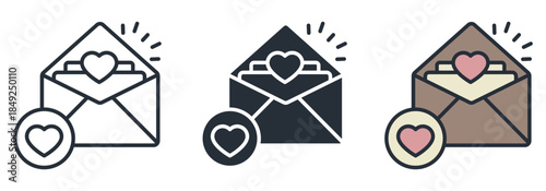 Love message notification icon set with open envelope and heart symbols