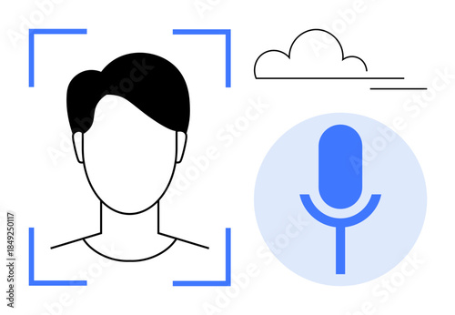 Artificial intelligence, face scan, voice assistant, cloud service, biometrics, digital identity. Minimal abstract face and microphone icon with a cloud symbol. AI-powered identity and voice