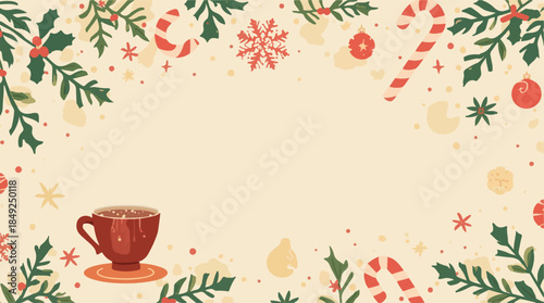 Vector illustration template featuring a festive Christmas scene with a warm cup of hot chocolate, designed in a flat design style, incorporating bold lines