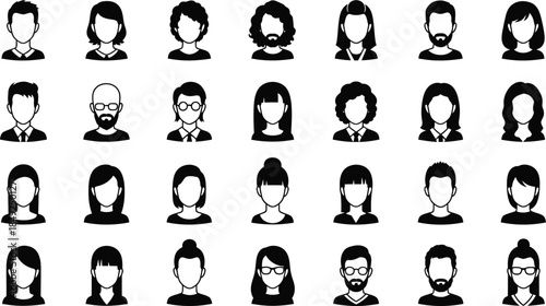 Collection of diverse simple black and white human head illustrations