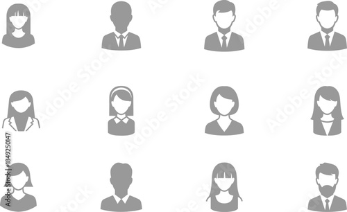 A collection of 10 grayscale business professional avatars or icons
