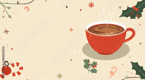 Vector illustration template featuring a festive Christmas scene with a warm cup of hot chocolate, designed in a flat design style, incorporating bold lines