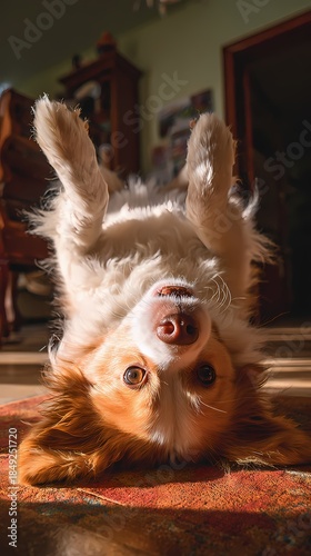 Playful Happy Dog Lying Down on Floor with Cute Smile - Friendly Pet Close-Up