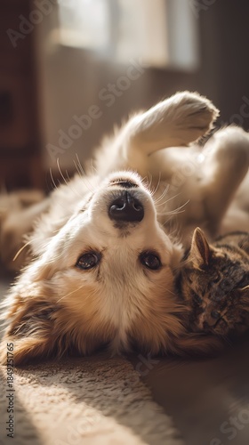 unny Dog Upside Down Playing on Floor - Silly Pet Humor and Joy