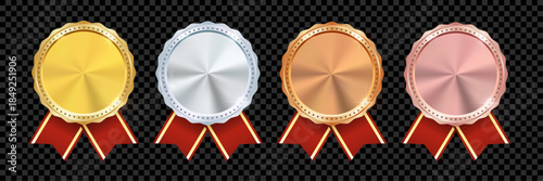 Gold, Silver, Bronze and Rose Gold Medal Set with Red Ribbon – Winner Award Badges for 1st, 2nd, 3rd and 4th Place, Realistic Prize Vector Illustration