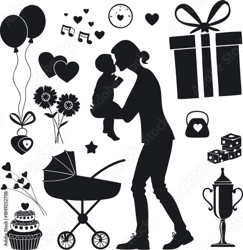 Mother and baby silhouette collection mom holding infant and various celebration elements balloons hearts gift boxes stroller flowers for special occasion isolated on transparent background