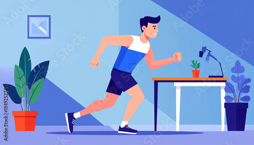 A man jogging in a room with blue hues, plants, table, lamp, and clock on the wall in a flat illustration style